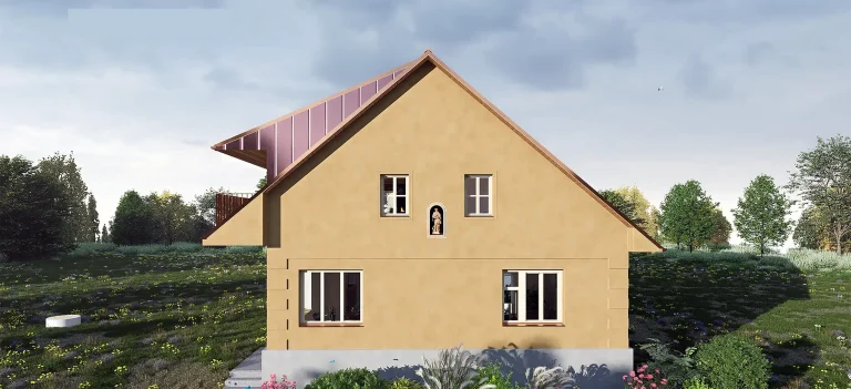 Vizualizácia domu - uličný pohľad, zachovanie tvaroslovia, bosáže